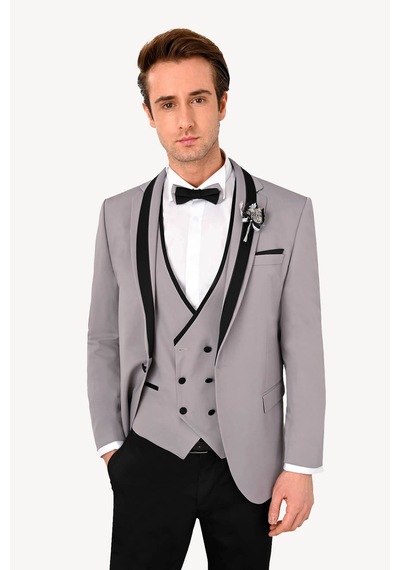 Ysf Erkek Gri Slim Fit Yelekli Şal Yaka Damatlık