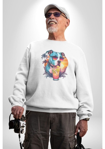 Tatil Köpek Soğuk Kokteyl İçeçek Unisex Beyaz Baskılı Sweatshirt Beyaz