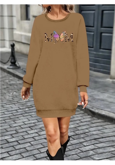 DefyModa Kadın Uzun Kollu Bisiklet Yaka Viskon Iki Iplik Elbise Bej