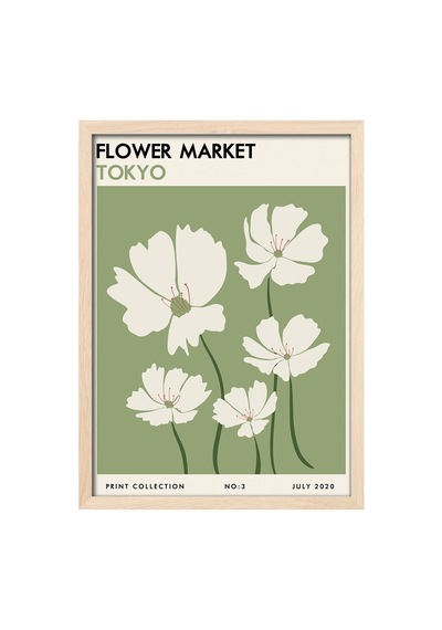 Flower Market Tokyo Doğal Ahşap Çerçeveli Poster, Dekoratif Sanatsal Duvar Tablosu