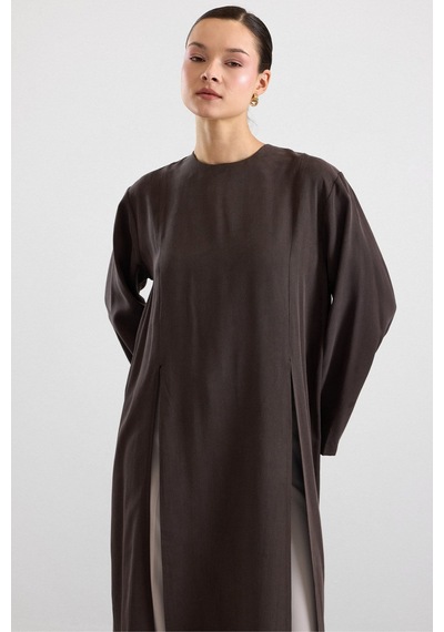 Olcay Derin Yırtmaçlı Oversize Uzun Tunik Kahve 9838