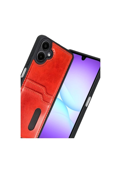 Samsung Galaxy A07 4g Uyumlu Sara Kartvizitli Deri Kılıf - Kırmızı