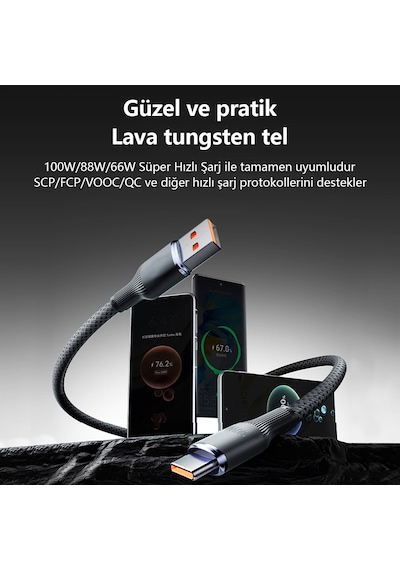 100w Süper Hızlı Şarj Kablosu Type C 1.5m Dayanıklı Dokuma Veri Aktarımlı 1.5 M