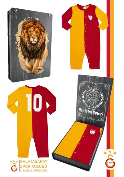 Galatasaray Lisanslı Uzun Kol Sarı Kırmızı Bebek Tulum Aslan Baskılı Ahşap Kutulu Sarı - Kırmızı