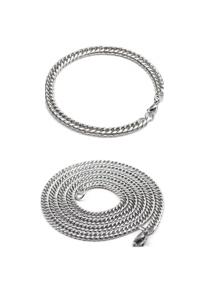 Yassı Sık Aralıklı İnce Erkek Çelik Zincir Kolye Ve Bileklik Set 3mm Eck13s Metalik Gri
