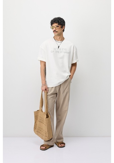 Vamos Oversize Baskılı Tişört V70-184 Ekru