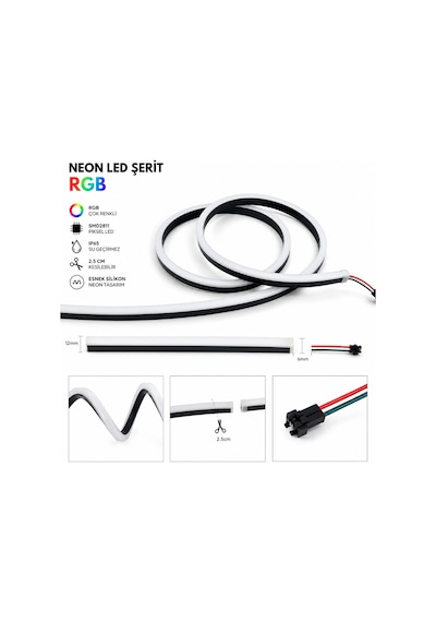 Neon Led Şerit Rgb Piksel 5 Metre Ip65 Su Geçirmez Adreslenebilir Smd2811 Dc12v Esnek Silikon Led Bant 6x12mm 2.5cm Kesilebilir Dekoratif Aydınlatma