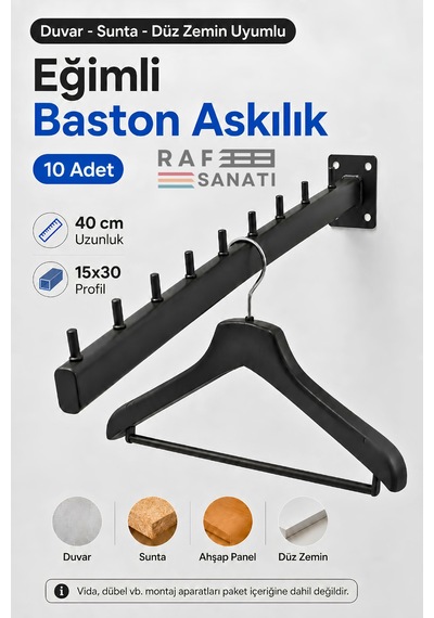 10 Adet - Duvara Monte Eğimli Baston Askılık 40 Cm - Mağaza Butik Elbise Kıyafet Askılığı Siyah