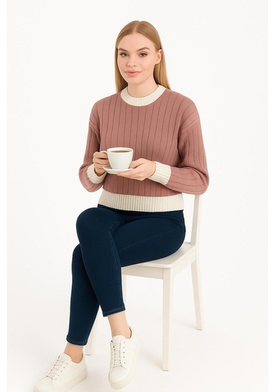 Hira Life Fashion Kadın Bisiklet Yaka Fitili Ve Şerit Detaylı Crop Triko Kısa Kazak Gül Gül Hira Life Fashion Kadın Bisiklet Yaka Fitili Ve Şerit Detaylı Crop Triko Kısa Kazak Gül Gül