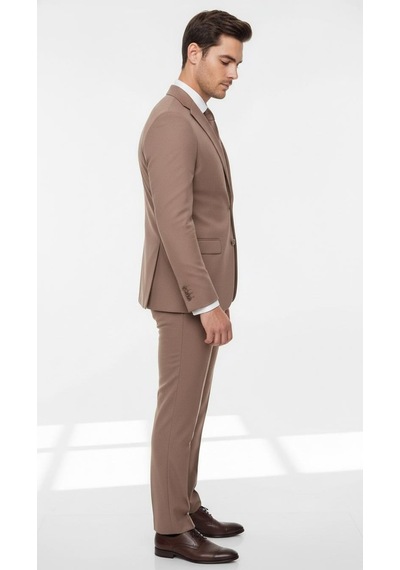 Erkek Slim Fit Mikro Desenli Takım Elbise 2 Düğmeli Çift Yırtmaçlı Modern Ceket Pantolon Takım Vizon