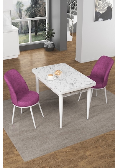 Canisa Concept Nil Serisi 70x110 Sabit Mutfak Masası Takımı Beyaz Mermer Desen Masa 2 Mor Sandalye Masa Beyaz/sandalyeler Mor