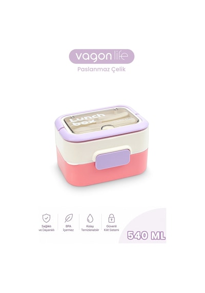 540 Ml 2 Kat Paslanmaz Çelik Lunch Box Yeni Nesil Sefer Tası Çatal & Kaşık Ff6750-540 Pembe