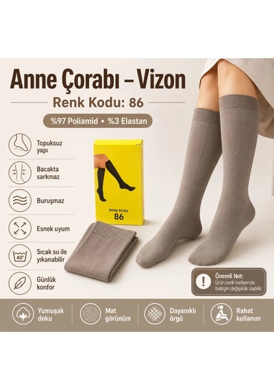 Genel Kadın 40 Denye İnce Anne Çorabı 12'li Dizaltı Topuksuz Esnek, Ten Siy Vizon / Standart / 12 Adet
