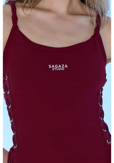 Sagaza Studio Ss6000 Askılı Yandan Bağcıklı Mini Elbise Bordo