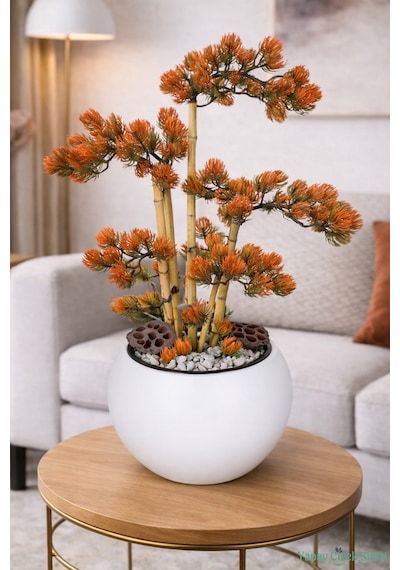 Yapay Çiçek Sitesi Beyaz Küre Saksıda Modern Minimal Tasarım Yapay Bonsai Ağacı Turuncu 65 Cm Turuncu