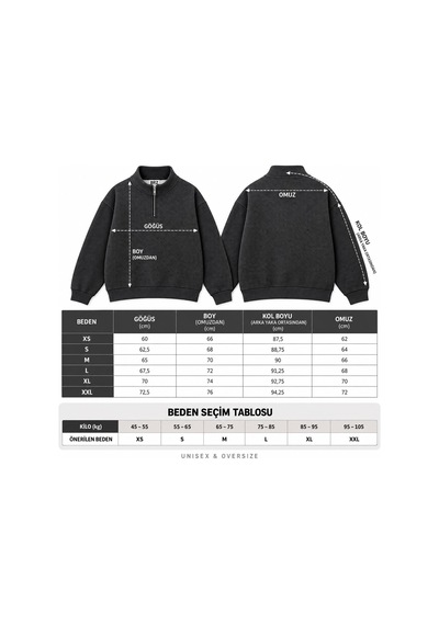 Brz Collection Unisex Oversize Yarım Fermuarlı Dik Yaka Desenli Oversize Sweatshirt Antrasit