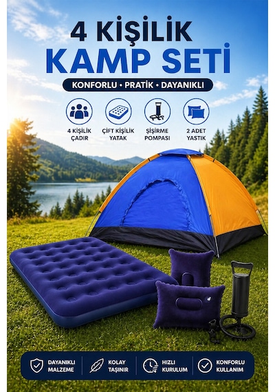 4 Kişilik Kamp Çadırı Çift Kişilik Şişme Yatak 2 Şişme Yastık Kamp Seti Mavi