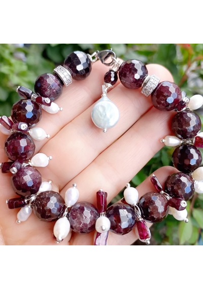 Sibelce 2687 Garnet Doğal İnci Zirkon El Yapımı Bileklik Bordo