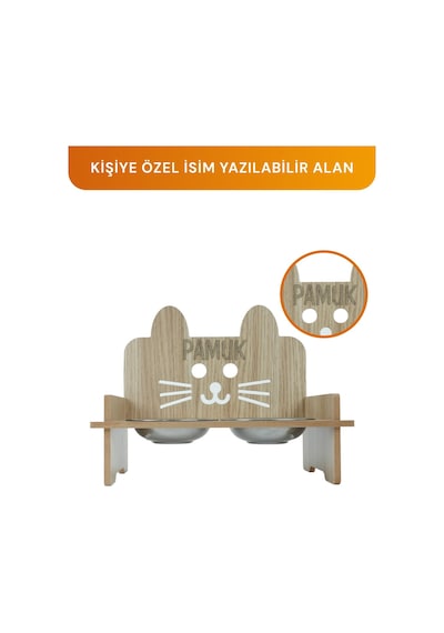 Gobypet Ahşap Özel İsim Baskılı Kulaklı Kedi Mama Su Kabı Standı
