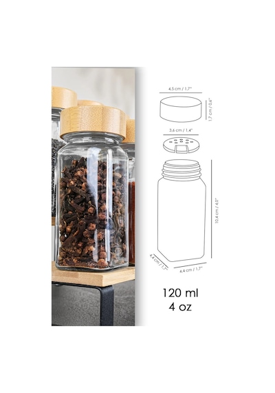 Kapris12'li Bambu Kapaklı Kare Formlu Cam Baharatlık Seti 120 ml / 16 Adet Etiket Hediye