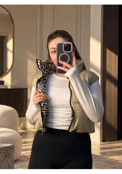 Elora Atelier Çift Taraflı Leopar Desenli Şişme Yelek Bej-leopar