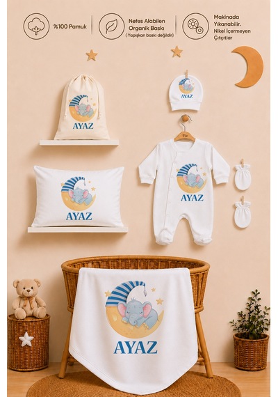 Pia Baby Erkek Bebek Yeni Doğan Hastane Çıkışı %100 Pamuk İsme Özel Tulum Seti Battaniye Yastık Kılıfı Kese 2019tybk0x Krem