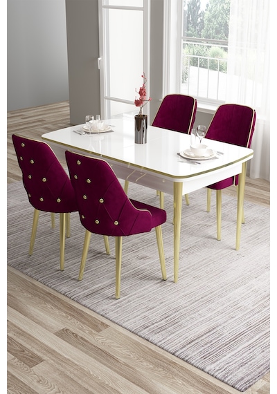 Canisa Tia Serisi 80x132 Açılabilir Mdf Mutfak Masası Takımı Beyaz Masa Gold Detay 4 Mürdüm Sandalye Masa Beyaz Sandalye Mürdüm Canisa Tia Serisi 80x132 Açılabilir Mdf Mutfak Masası Takımı Beyaz Masa Gold Detay 4 Mürdüm Sandalye Masa Beyaz Sandalye Mürdüm