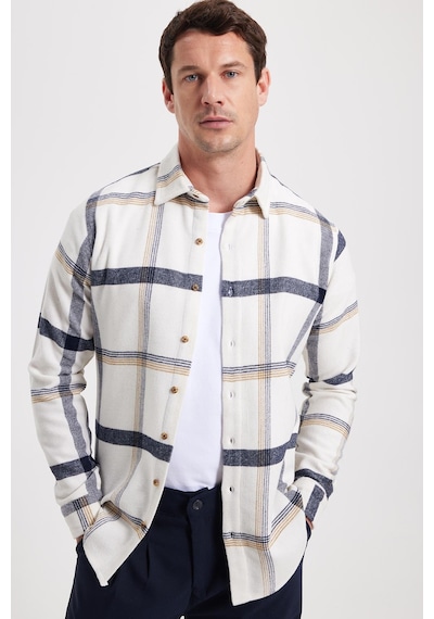Tudors Erkek Slim Fit Dar Kesim Kareli Kışlık Oduncu Gömlek-42376 Ekru
