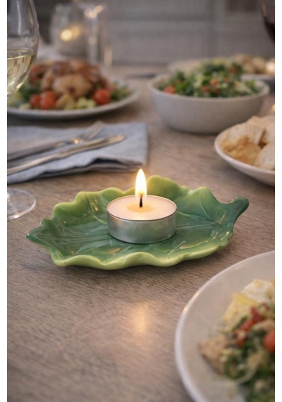 Yaprak Formlu Seramik Mumluk Dekoratif Tealight Mumluk, Yemek Masası & Ev Dekoru Yeşil Yeşil