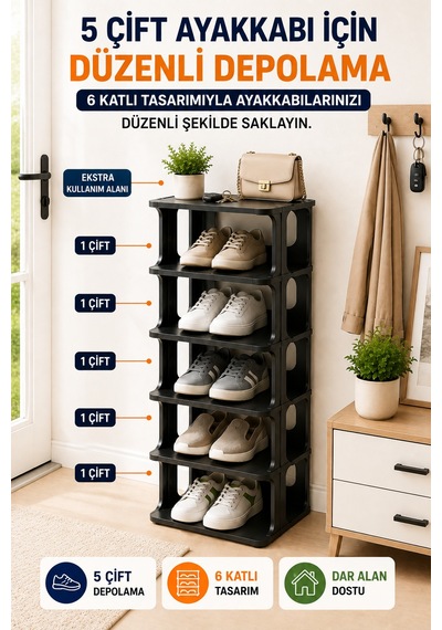 5 Katlı Modüler Ayakkabılık Dar Alan Düzenleyici Plastik Ayakkabı Rafı Kolay Kurulum Siyah Model 5 Katlı Modüler Ayakkabılık Dar Alan Düzenleyici Plastik Ayakkabı Rafı Kolay Kurulum Siyah Model