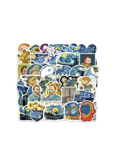 50'li Van Gogh Temalı Sticker Seti, Laptop Ve Ajanda İçin Abanoz
