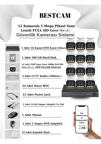 12 Kameralı Set 5 Mp Sony Lensli Full Hd Gece Renkli Set 500gb Hd