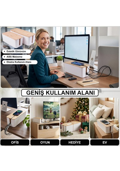 Greentech Kablo Düzenleme Kutusu Bambu+beyaz Renk-büyük Boy Gt-pk02