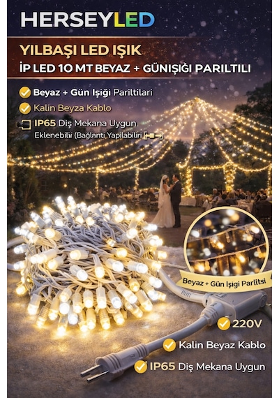 Yılbaşı Led Işık İp Led 10 Mt Beyaz + Günışığı Parıltılı Dış Mekan Ip65 Eklenebilir 220v Beyaz