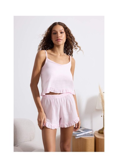 Laperissa Pembe %100 Pamuklu Fırfırlı Müslin Kumaş Dokuma Pijama Takımı