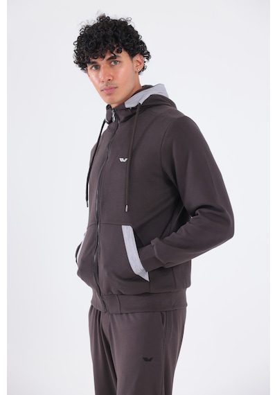 Rowinger Modal Kumaş Kapüşonlu Fermuarlı Kontrast Detaylı Erkek Sweatshirt Brown