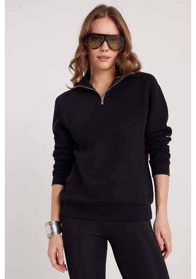 Tudors Kadın Relax Fit Rahat Kesim Pamuklu İçi Polarlı Yarım Fermuarlı Siyah Dik Yaka Sweatshirt-37888 SiYAH