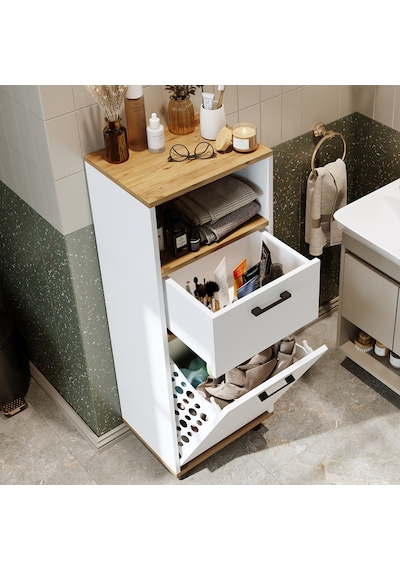 Çamaşır Sepetli Banyo Dolabı, Çok Amaçlı Dolap 45 Cm, Roomart Atlantik Çam - Beyaz Çamaşır Sepetli Banyo Dolabı, Çok Amaçlı Dolap 45 Cm, Roomart Atlantik Çam - Beyaz
