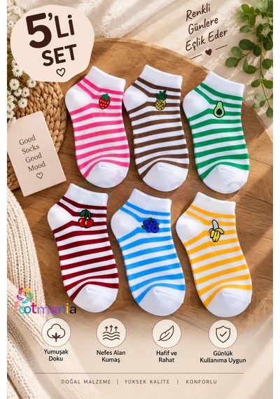 Footmania 5 Çift Kadın Nakışlı Meyve Desenli Çorap Seti Extra Soft Çok Renkli
