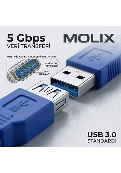 Molix MX-1701 USB 3.0 Uzatma Kablosu 1 Metre - 5Gbps High Speed Dişi/Erkek Port Uzatıcı