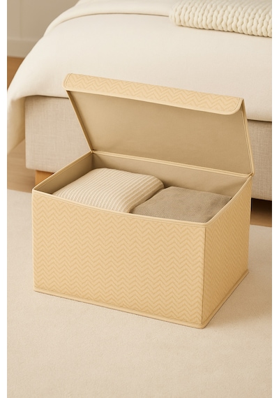 Serstil Orta Boy Kapaklı Kutu Hurç Kıyafet Battaniye Saklama Kutusu Organizer 50x40x30 Cm - Bej Martı