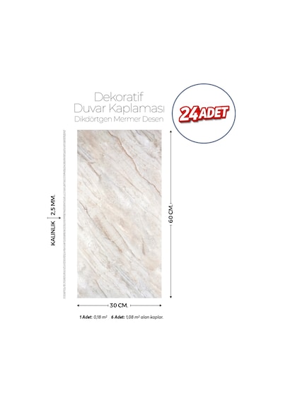 30x60 Cm Kendinden Yapışkanlı Duvar,banyo,tezgah Arası Bej Mermer Desen -24 Adet 30 X 60 Cm