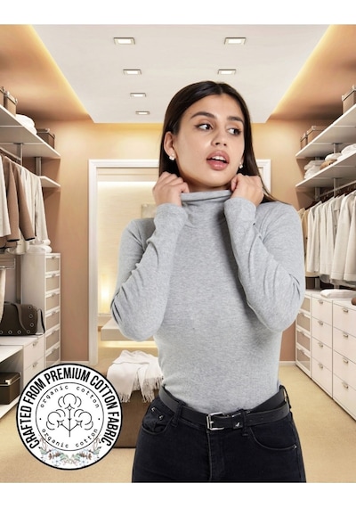 Alya Underwear Kaşkorse Tam Boğazlı Body Sweatshirt, Fitilli Kumaş, Likralı, Gül Kurusu Gri Melanj