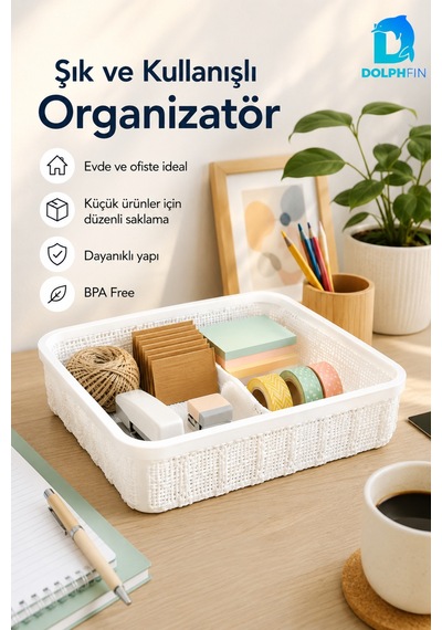 Jute Çok Amaçlı Sepet 5 L Mutfak Banyo Dolap İçi Saklama Düzenleyici Organizer 34x26x6,5 Cm beyaz