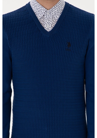 U.S. Polo Assn. Erkek Slim Fit V Yaka İndigo Basic Kazak 50288879-VR028