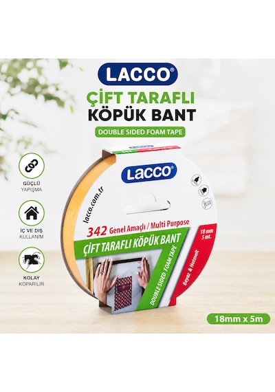 Lacco Çift Taraflı Köpük Bant 18 Mm X 5 M Güçlü Yapışkanlı Çok Amaçlı Montaj Bandı Beyaz 1 Adet