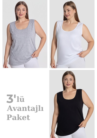 Arma Yıldız Kadın Pamuklu Büyük Beden Kalın Askılı Atlet 3'lü Paket Beyaz Siyah Gri
