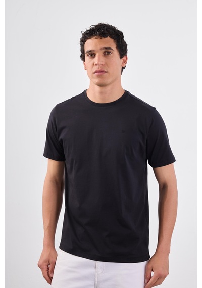 Dufy Siyah Bisiklet Yaka Pamuklu Düz Renk Slim Fit Erkek T-shirt Siyah