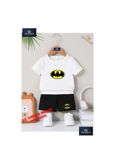Ss Sinser Çocuk Batman Logo Özel Baskılı Bisiklet Yaka Tişört - Şort Alt - Üst Çocuk Takım Renk:beyaz/sıyah