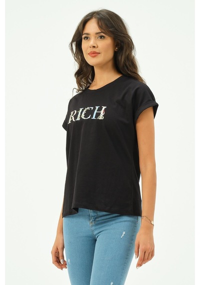 Siyah Kadın Rich Nakışlı Tişört Tshirt Çok Renkli